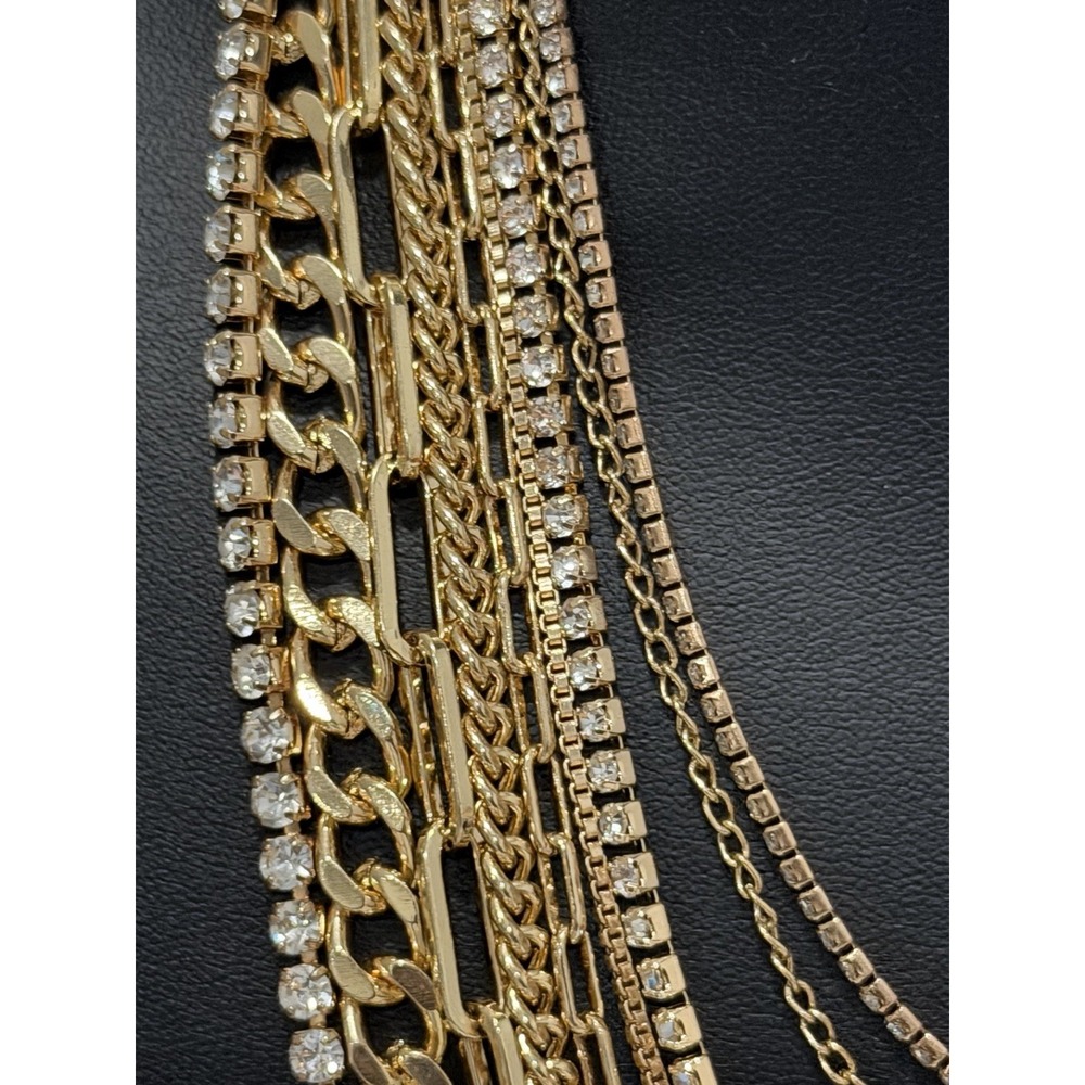 Gold Tone Multi Strand Layered Chain Necklace Rhinestone Statement 24" - Picture 5 of 11